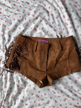 Edikted Brown Faux Suede Fringe Shorts